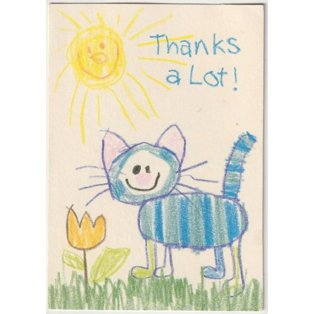 Vintage Thank You Greeting Card Crayon Cat Sun Tulip Used Handwritten
